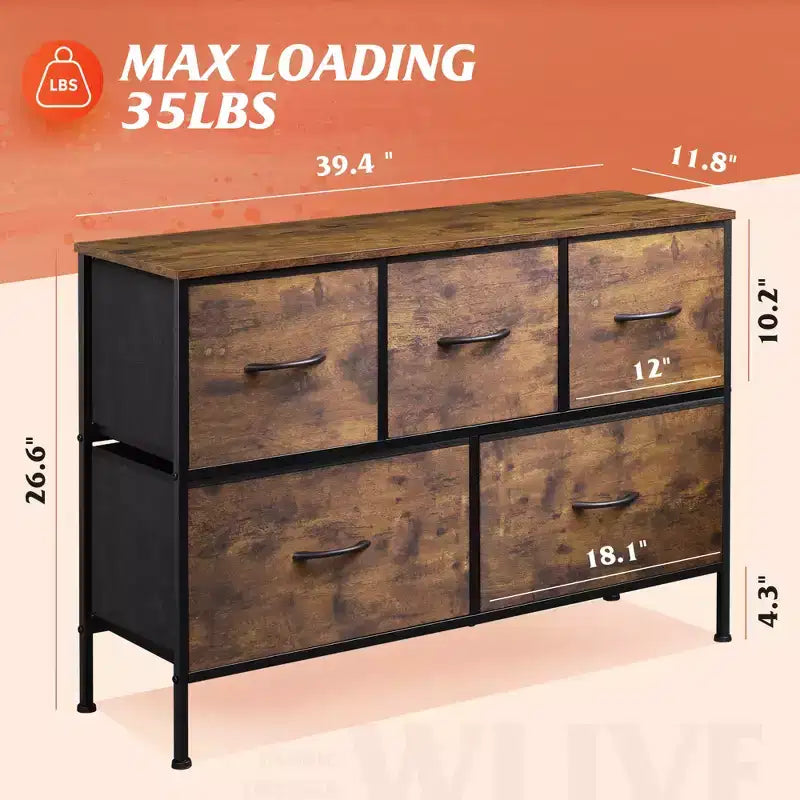 Commode à 5 tiroirs, longue unité de rangement en tissu pour chambre à coucher, placard, salon, couloir et chambre d'enfant