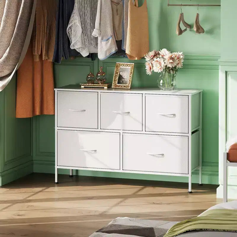 Commode à 5 tiroirs, longue unité de rangement en tissu pour chambre à coucher, placard, salon, couloir et chambre d'enfant