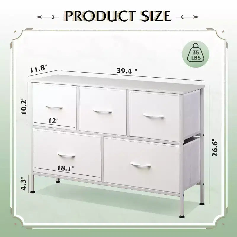 Commode à 5 tiroirs, longue unité de rangement en tissu pour chambre à coucher, placard, salon, couloir et chambre d'enfant