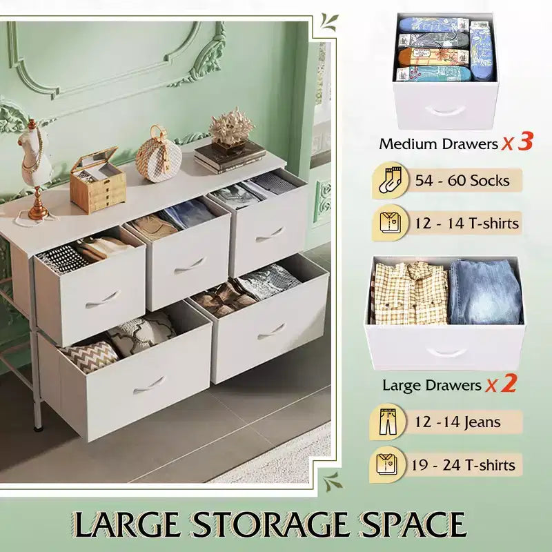 Commode à 5 tiroirs, longue unité de rangement en tissu pour chambre à coucher, placard, salon, couloir et chambre d'enfant