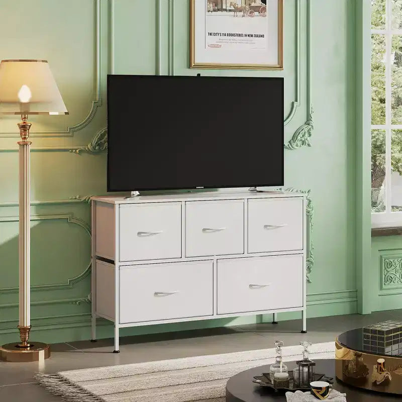 Commode à 5 tiroirs, longue unité de rangement en tissu pour chambre à coucher, placard, salon, couloir et chambre d'enfant