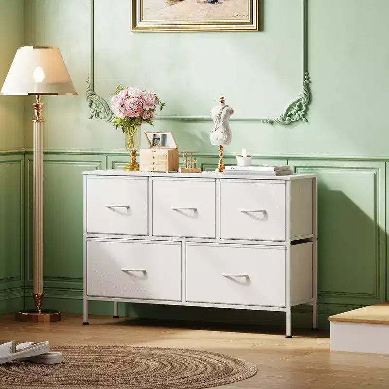 Commode à 5 tiroirs, longue unité de rangement en tissu pour chambre à coucher, placard, salon, couloir et chambre d'enfant