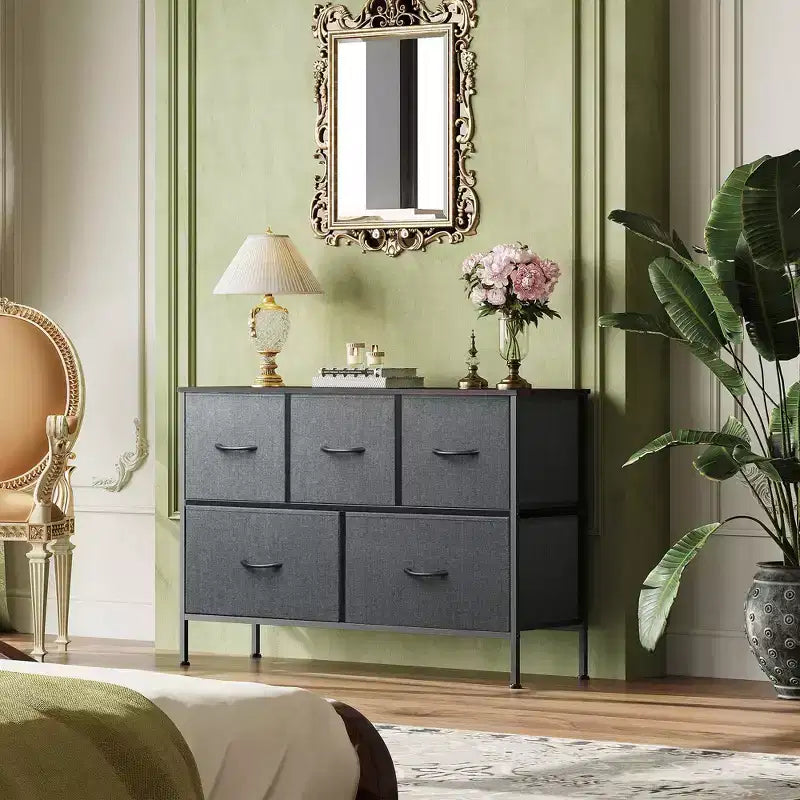 Commode à 5 tiroirs, longue unité de rangement en tissu pour chambre à coucher, placard, salon, couloir et chambre d'enfant