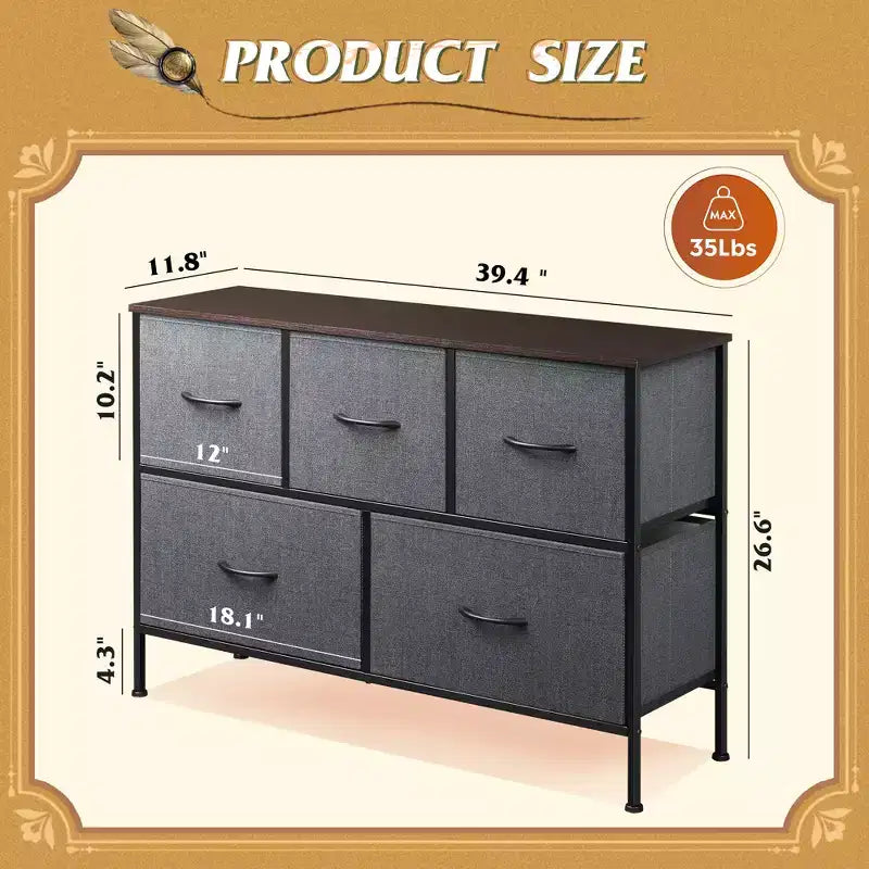 Commode à 5 tiroirs, longue unité de rangement en tissu pour chambre à coucher, placard, salon, couloir et chambre d'enfant