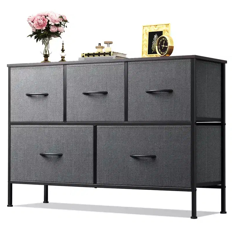 Commode à 5 tiroirs, longue unité de rangement en tissu pour chambre à coucher, placard, salon, couloir et chambre d'enfant