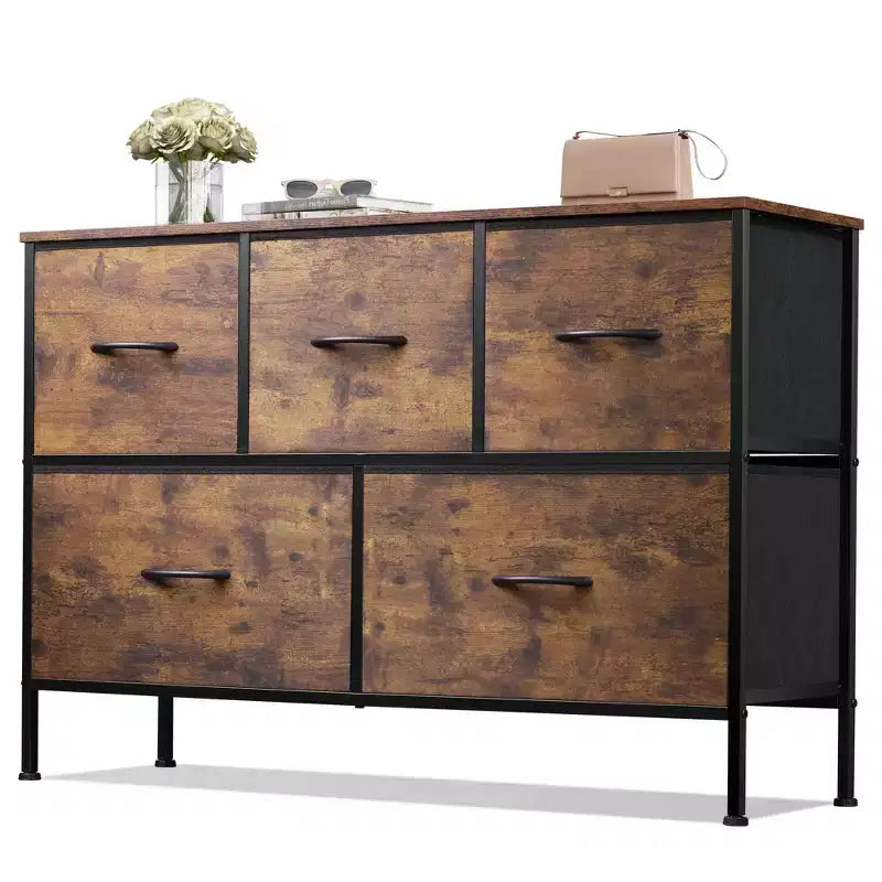 Commode à 5 tiroirs, longue unité de rangement en tissu pour chambre à coucher, placard, salon, couloir et chambre d'enfant