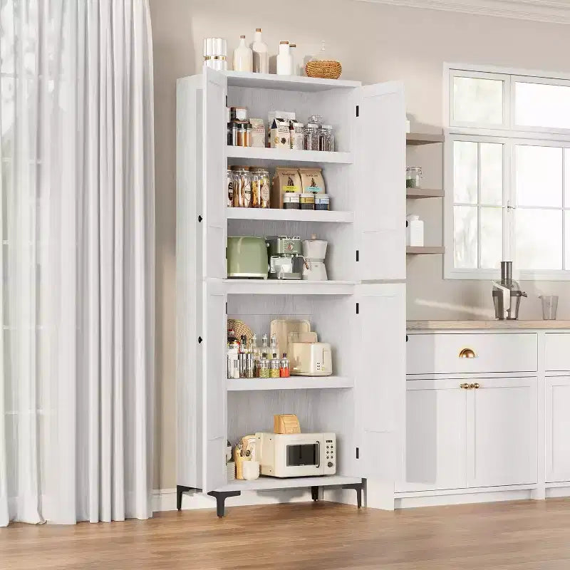 Meuble de rangement haut de 180 cm de style ferme, avec étagères réglables et 4 portes - Organisateur de garde-manger de salle de bain pour la cuisine, la salle à manger et le bureau