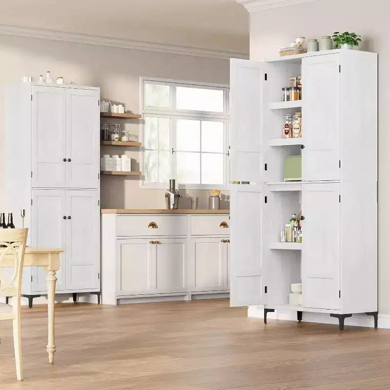 Meuble de rangement haut de 180 cm de style ferme, avec étagères réglables et 4 portes - Organisateur de garde-manger de salle de bain pour la cuisine, la salle à manger et le bureau