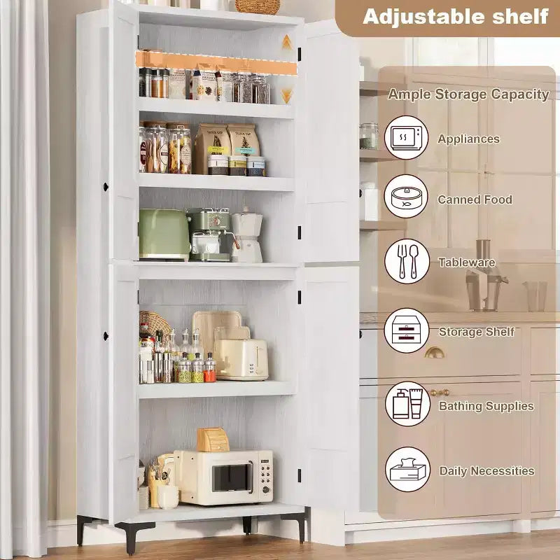 Meuble de rangement haut de 180 cm de style ferme, avec étagères réglables et 4 portes - Organisateur de garde-manger de salle de bain pour la cuisine, la salle à manger et le bureau