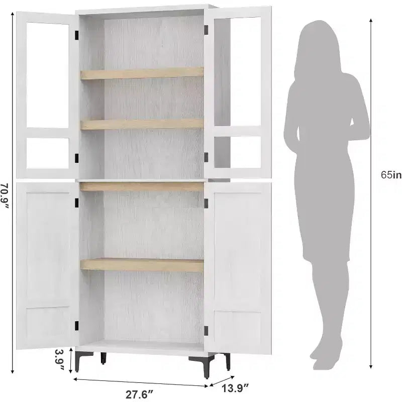 Meuble de rangement haut de 180 cm de style ferme, avec étagères réglables et 4 portes - Organisateur de garde-manger de salle de bain pour la cuisine, la salle à manger et le bureau