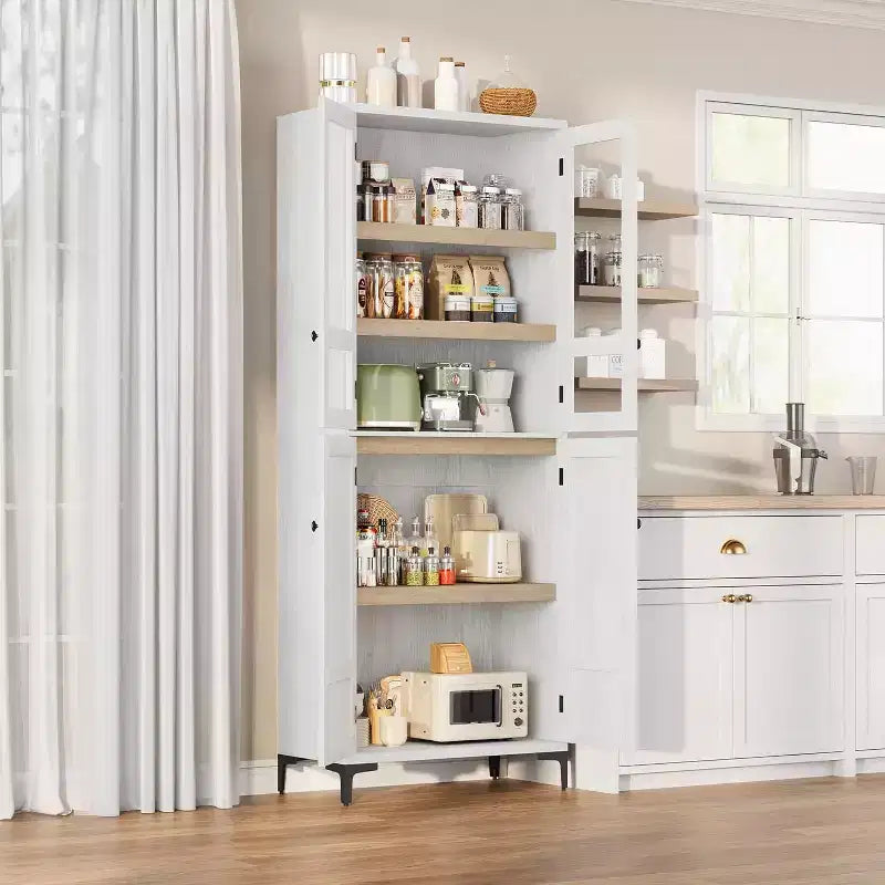 Meuble de rangement haut de 180 cm de style ferme, avec étagères réglables et 4 portes - Organisateur de garde-manger de salle de bain pour la cuisine, la salle à manger et le bureau