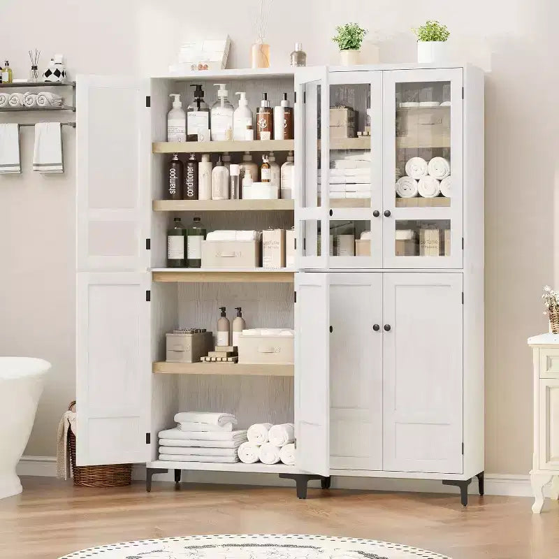 Meuble de rangement haut de 180 cm de style ferme, avec étagères réglables et 4 portes - Organisateur de garde-manger de salle de bain pour la cuisine, la salle à manger et le bureau