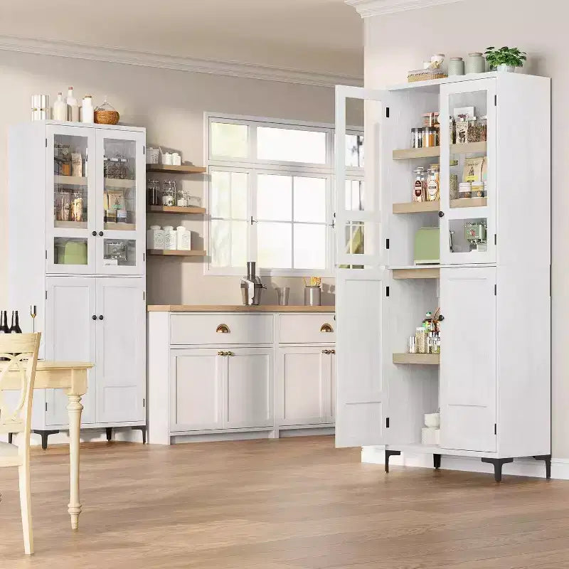 Meuble de rangement haut de 180 cm de style ferme, avec étagères réglables et 4 portes - Organisateur de garde-manger de salle de bain pour la cuisine, la salle à manger et le bureau