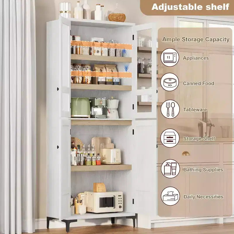Meuble de rangement haut de 180 cm de style ferme, avec étagères réglables et 4 portes - Organisateur de garde-manger de salle de bain pour la cuisine, la salle à manger et le bureau