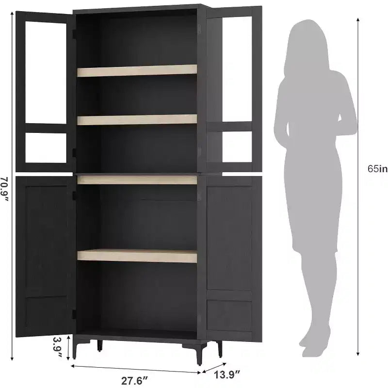 Meuble de rangement haut de 180 cm de style ferme, avec étagères réglables et 4 portes - Organisateur de garde-manger de salle de bain pour la cuisine, la salle à manger et le bureau