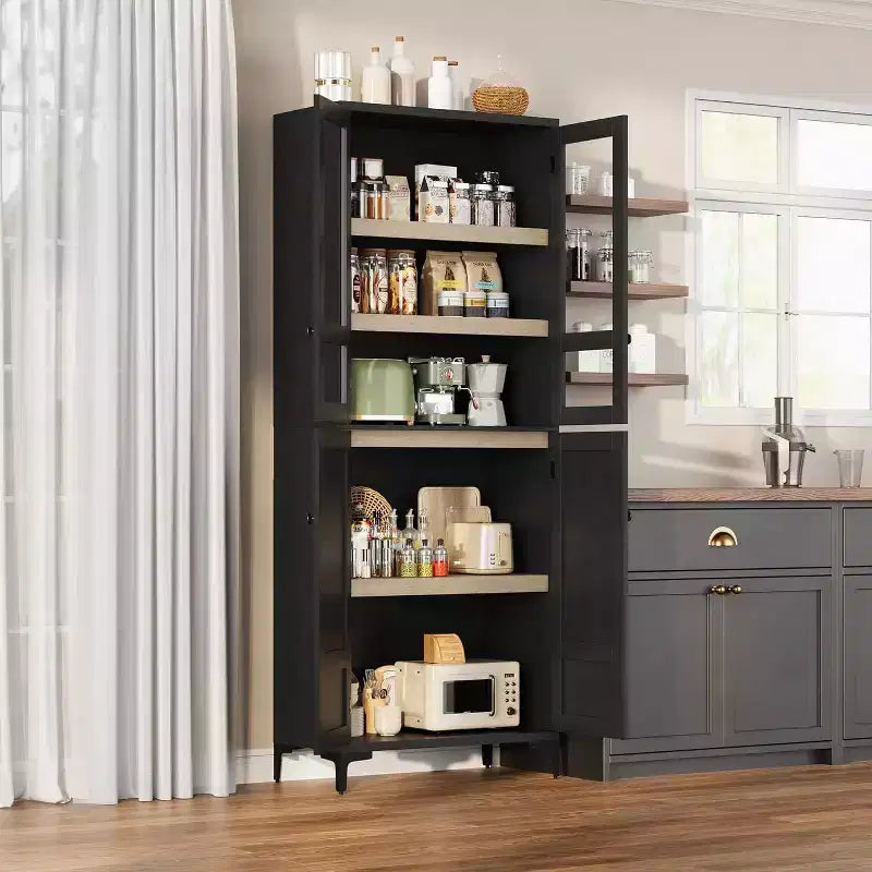 Meuble de rangement haut de 180 cm de style ferme, avec étagères réglables et 4 portes - Organisateur de garde-manger de salle de bain pour la cuisine, la salle à manger et le bureau