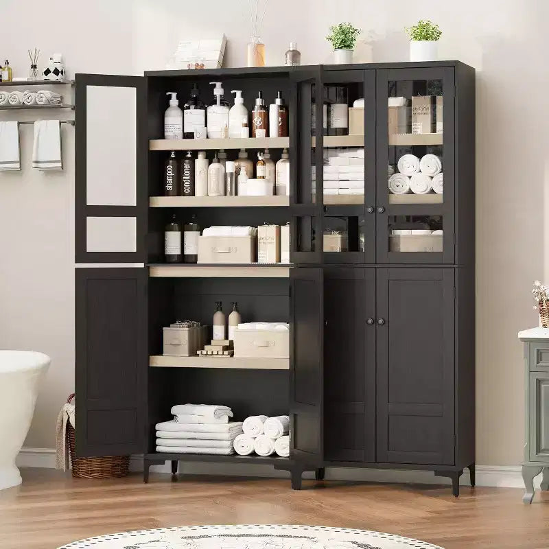 Meuble de rangement haut de 180 cm de style ferme, avec étagères réglables et 4 portes - Organisateur de garde-manger de salle de bain pour la cuisine, la salle à manger et le bureau