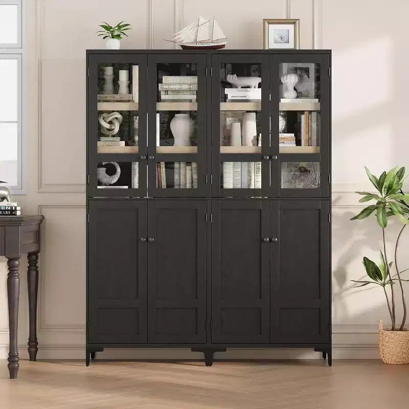 Meuble de rangement haut de 180 cm de style ferme, avec étagères réglables et 4 portes - Organisateur de garde-manger de salle de bain pour la cuisine, la salle à manger et le bureau