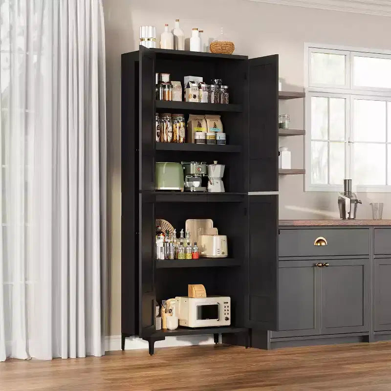 Meuble de rangement haut de 180 cm de style ferme, avec étagères réglables et 4 portes - Organisateur de garde-manger de salle de bain pour la cuisine, la salle à manger et le bureau