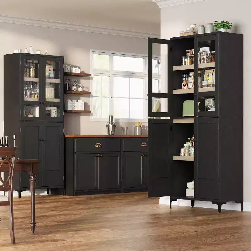 Meuble de rangement haut de 180 cm de style ferme, avec étagères réglables et 4 portes - Organisateur de garde-manger de salle de bain pour la cuisine, la salle à manger et le bureau
