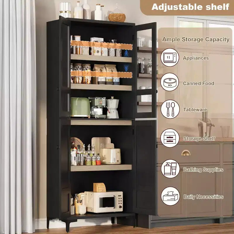 Meuble de rangement haut de 180 cm de style ferme, avec étagères réglables et 4 portes - Organisateur de garde-manger de salle de bain pour la cuisine, la salle à manger et le bureau
