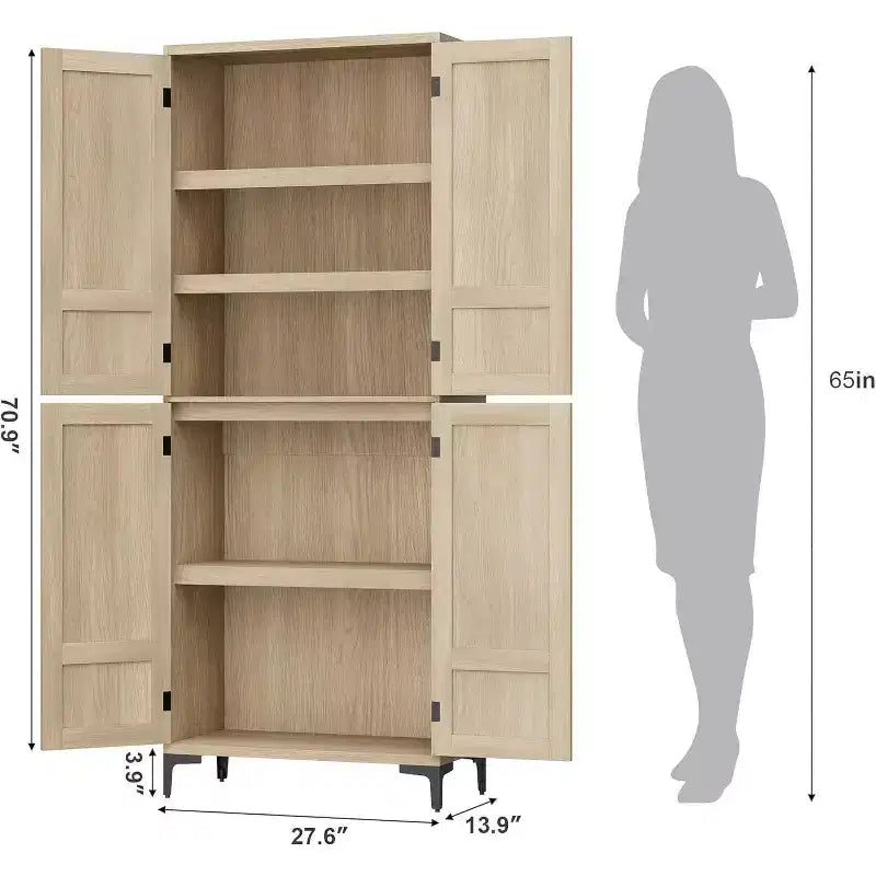 Meuble de rangement haut de 180 cm de style ferme, avec étagères réglables et 4 portes - Organisateur de garde-manger de salle de bain pour la cuisine, la salle à manger et le bureau