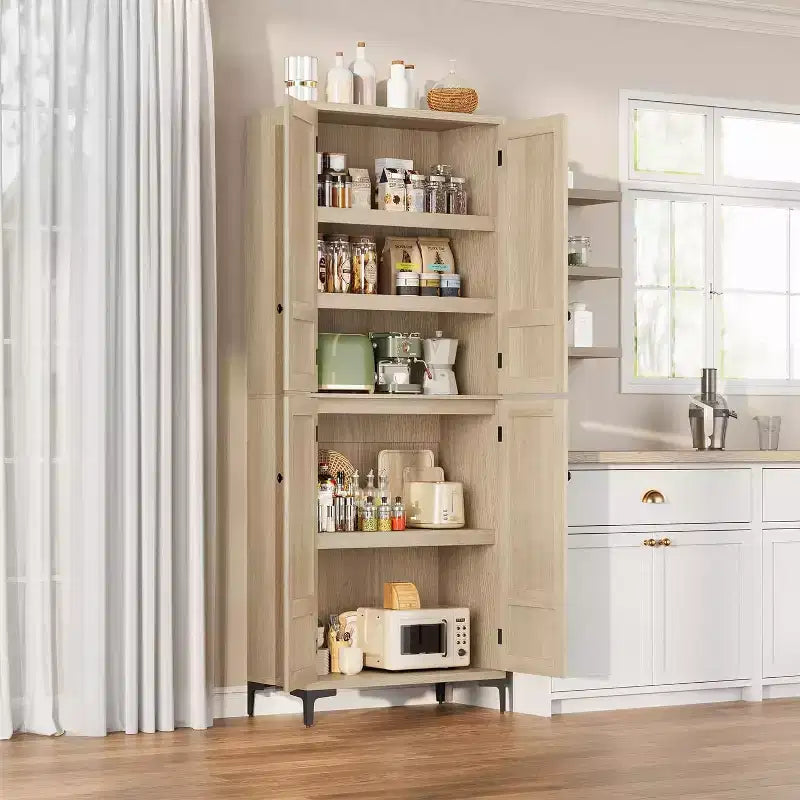 Meuble de rangement haut de 180 cm de style ferme, avec étagères réglables et 4 portes - Organisateur de garde-manger de salle de bain pour la cuisine, la salle à manger et le bureau