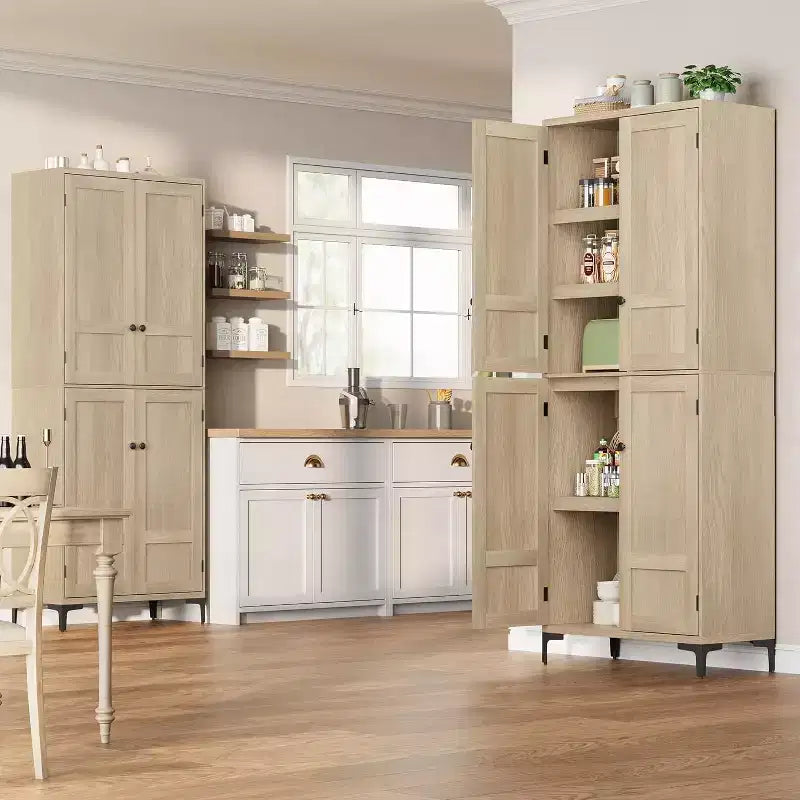 Meuble de rangement haut de 180 cm de style ferme, avec étagères réglables et 4 portes - Organisateur de garde-manger de salle de bain pour la cuisine, la salle à manger et le bureau