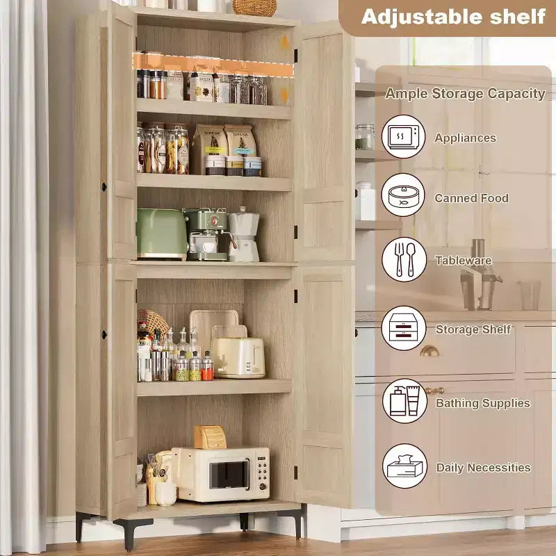 Meuble de rangement haut de 180 cm de style ferme, avec étagères réglables et 4 portes - Organisateur de garde-manger de salle de bain pour la cuisine, la salle à manger et le bureau