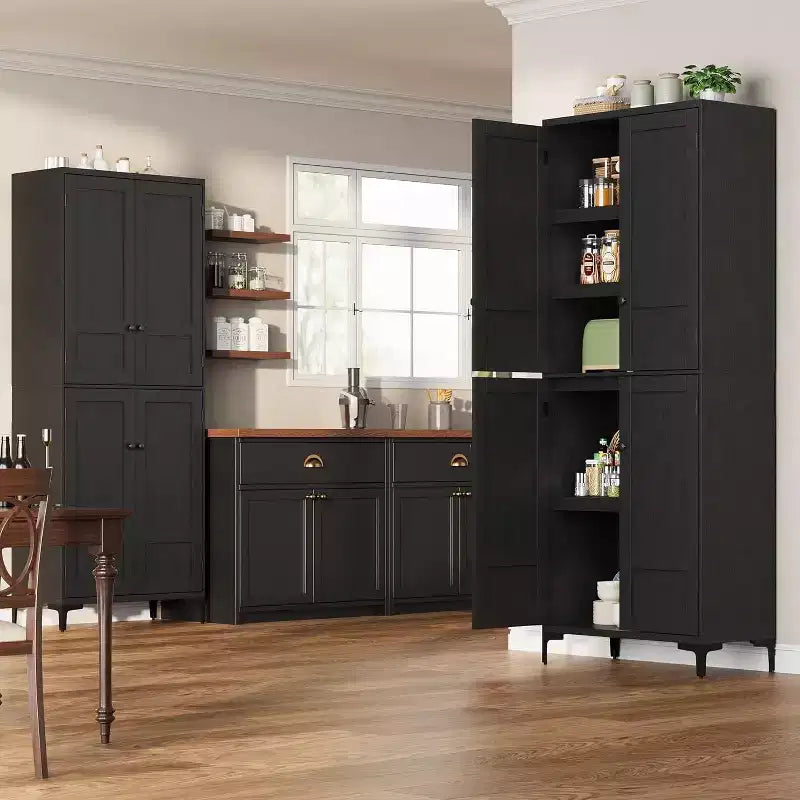 Meuble de rangement haut de 180 cm de style ferme, avec étagères réglables et 4 portes - Organisateur de garde-manger de salle de bain pour la cuisine, la salle à manger et le bureau