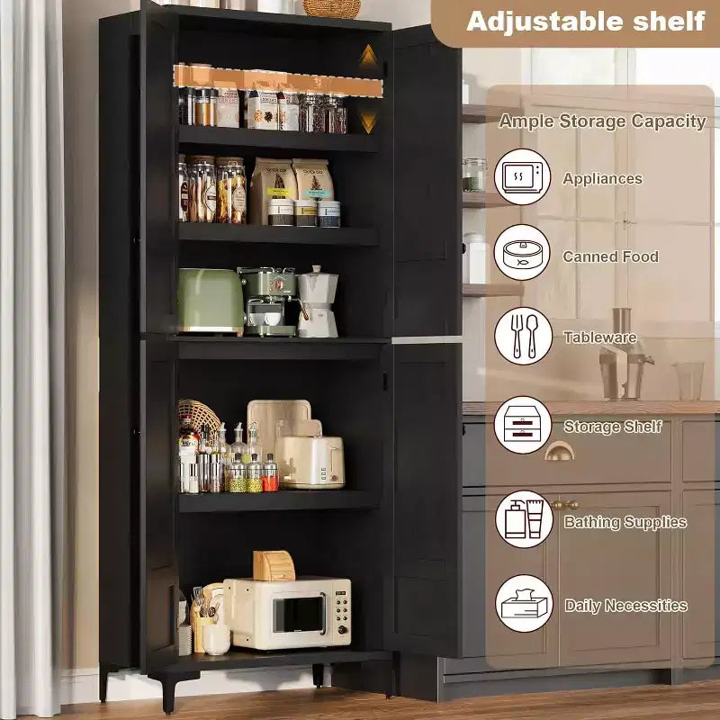 Meuble de rangement haut de 180 cm de style ferme, avec étagères réglables et 4 portes - Organisateur de garde-manger de salle de bain pour la cuisine, la salle à manger et le bureau