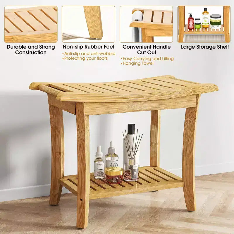 Banc de douche en bambou avec étagère de rangement, tabouret de bain étanche avec poignées, patins antidérapants, capacité de 150 kg pour spa, salle de bain, personnes âgées