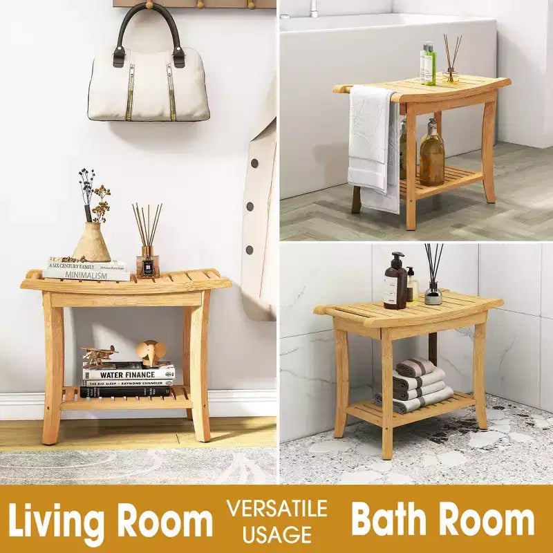 Banc de douche en bambou avec étagère de rangement, tabouret de bain étanche avec poignées, patins antidérapants, capacité de 150 kg pour spa, salle de bain, personnes âgées