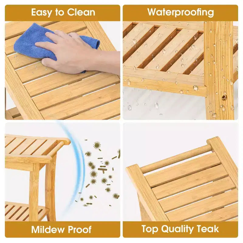 Banc de douche en bambou avec étagère de rangement, tabouret de bain étanche avec poignées, patins antidérapants, capacité de 150 kg pour spa, salle de bain, personnes âgées