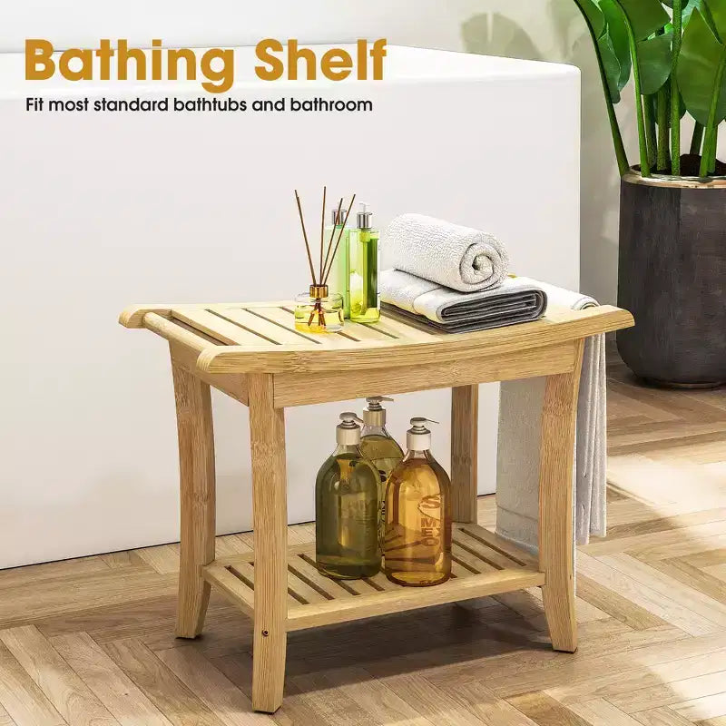 Banc de douche en bambou avec étagère de rangement, tabouret de bain étanche avec poignées, patins antidérapants, capacité de 150 kg pour spa, salle de bain, personnes âgées