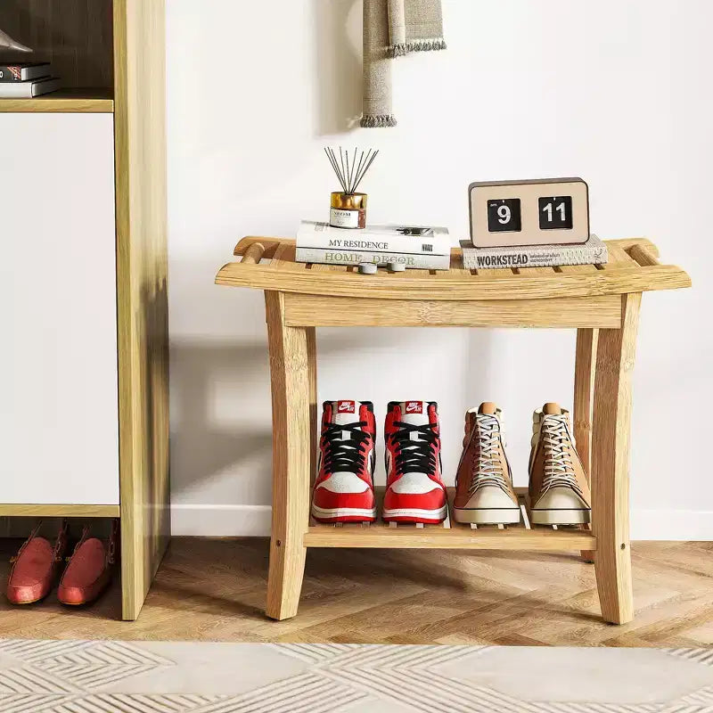 Banc de douche en bambou avec étagère de rangement, tabouret de bain étanche avec poignées, patins antidérapants, capacité de 150 kg pour spa, salle de bain, personnes âgées
