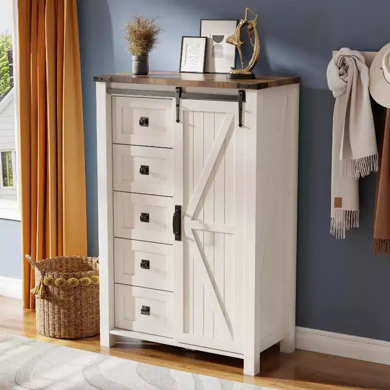 Commode haute SinCiDo Farmhouse Modern 5 tiroirs avec porte coulissante de style grange, commode de rangement pour chambre à coucher, salon et chambre d'enfants