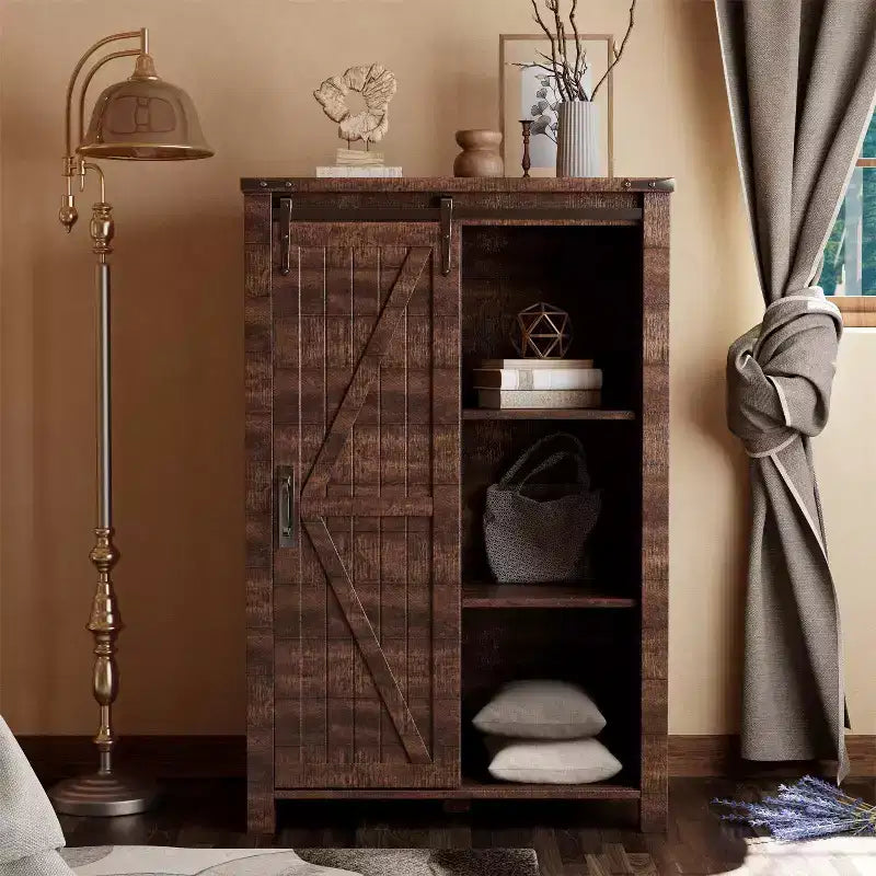 Commode haute SinCiDo Farmhouse Modern 5 tiroirs avec porte coulissante de style grange, commode de rangement pour chambre à coucher, salon et chambre d'enfants