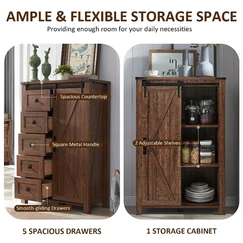Commode haute SinCiDo Farmhouse Modern 5 tiroirs avec porte coulissante de style grange, commode de rangement pour chambre à coucher, salon et chambre d'enfants