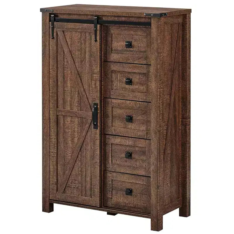 Commode haute SinCiDo Farmhouse Modern 5 tiroirs avec porte coulissante de style grange, commode de rangement pour chambre à coucher, salon et chambre d'enfants