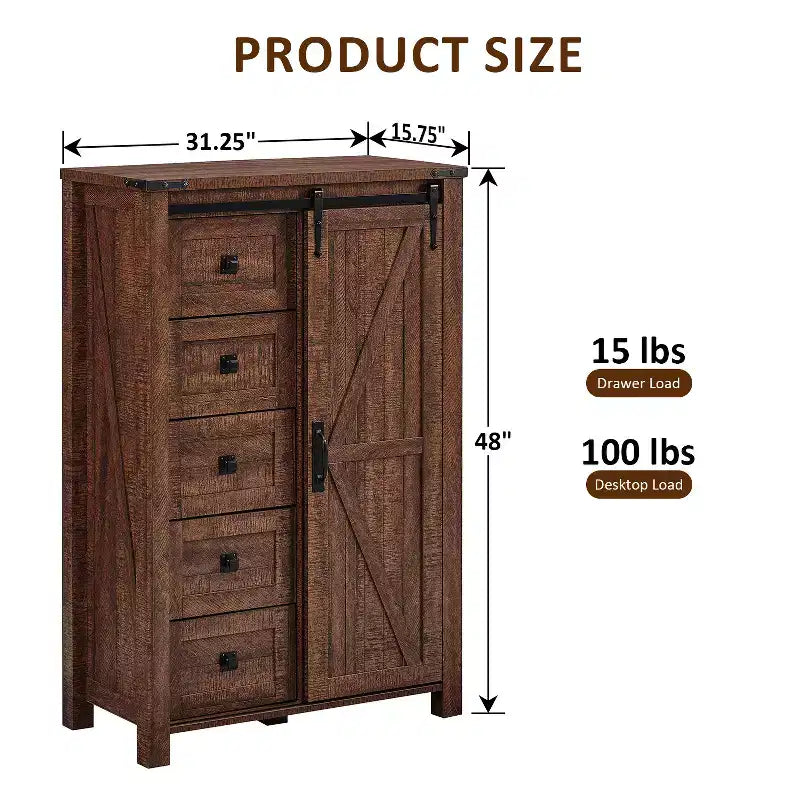 Commode haute SinCiDo Farmhouse Modern 5 tiroirs avec porte coulissante de style grange, commode de rangement pour chambre à coucher, salon et chambre d'enfants
