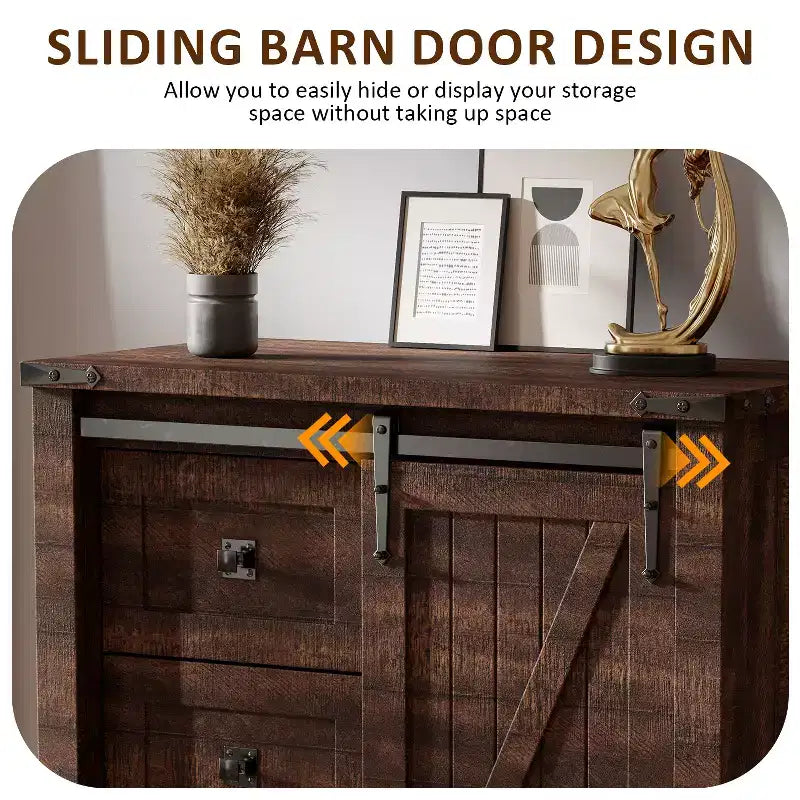Commode haute SinCiDo Farmhouse Modern 5 tiroirs avec porte coulissante de style grange, commode de rangement pour chambre à coucher, salon et chambre d'enfants