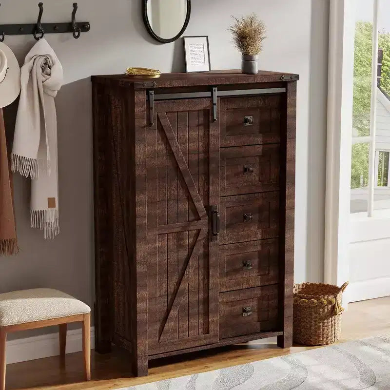 Commode haute SinCiDo Farmhouse Modern 5 tiroirs avec porte coulissante de style grange, commode de rangement pour chambre à coucher, salon et chambre d'enfants