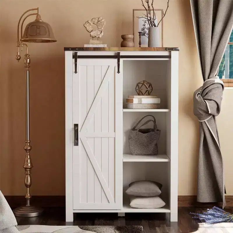 Commode haute SinCiDo Farmhouse Modern 5 tiroirs avec porte coulissante de style grange, commode de rangement pour chambre à coucher, salon et chambre d'enfants