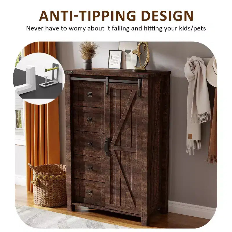 Commode haute SinCiDo Farmhouse Modern 5 tiroirs avec porte coulissante de style grange, commode de rangement pour chambre à coucher, salon et chambre d'enfants