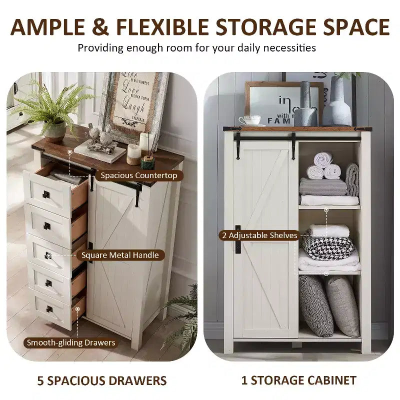 Commode haute SinCiDo Farmhouse Modern 5 tiroirs avec porte coulissante de style grange, commode de rangement pour chambre à coucher, salon et chambre d'enfants