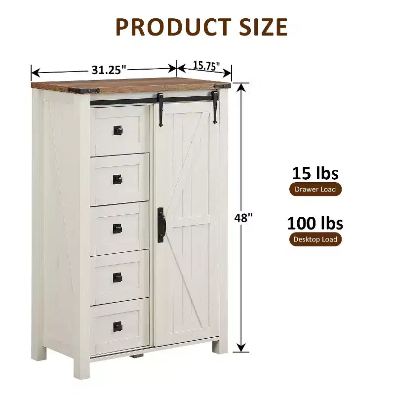 Commode haute SinCiDo Farmhouse Modern 5 tiroirs avec porte coulissante de style grange, commode de rangement pour chambre à coucher, salon et chambre d'enfants
