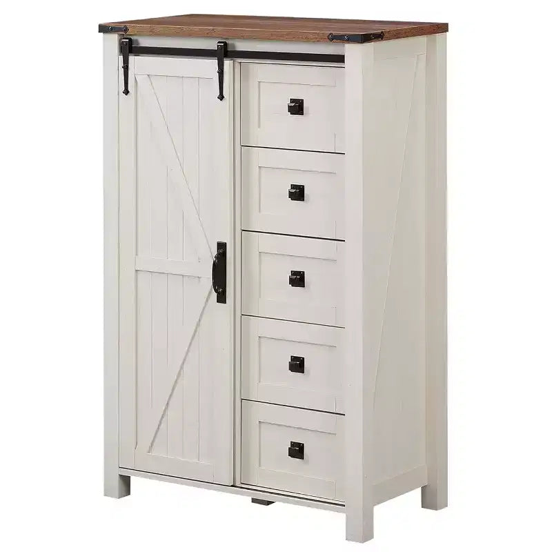 Commode haute SinCiDo Farmhouse Modern 5 tiroirs avec porte coulissante de style grange, commode de rangement pour chambre à coucher, salon et chambre d'enfants