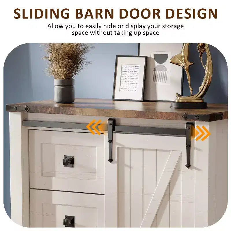 Commode haute SinCiDo Farmhouse Modern 5 tiroirs avec porte coulissante de style grange, commode de rangement pour chambre à coucher, salon et chambre d'enfants