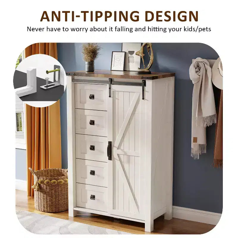 Commode haute SinCiDo Farmhouse Modern 5 tiroirs avec porte coulissante de style grange, commode de rangement pour chambre à coucher, salon et chambre d'enfants